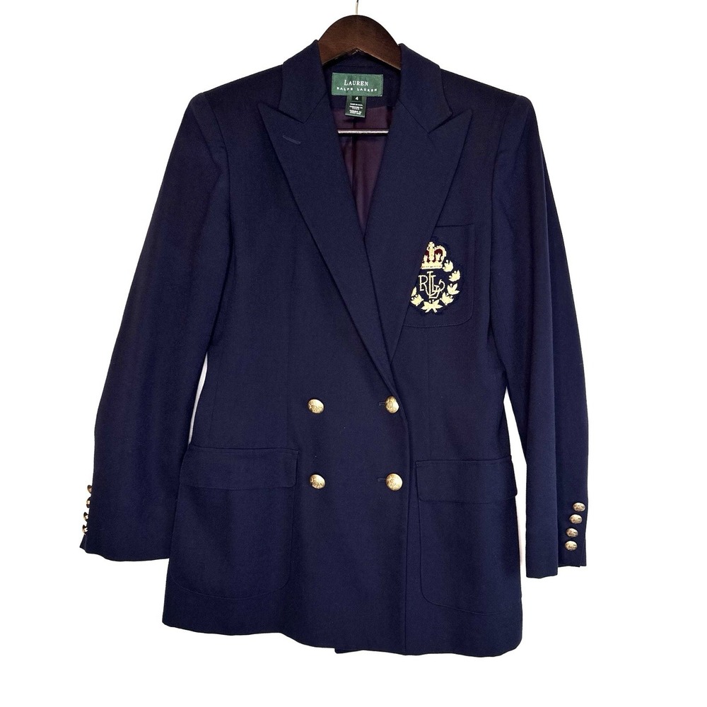 Lauren Ralph Lauren Navy Wool Blazer Double Breasted Sz 4 Embroidered Crest READ